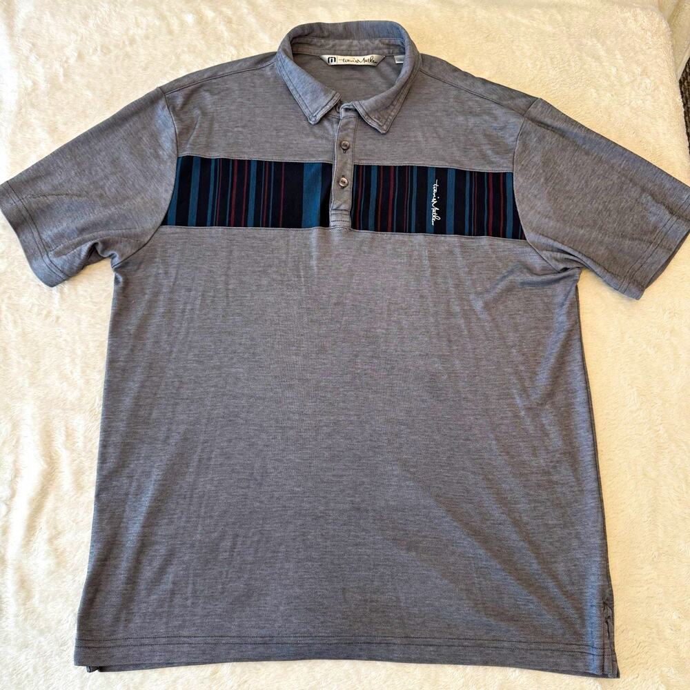 TravisMathew Men's L Gray Striped Golf Polo Shirt Short Sleeve Button Logo
